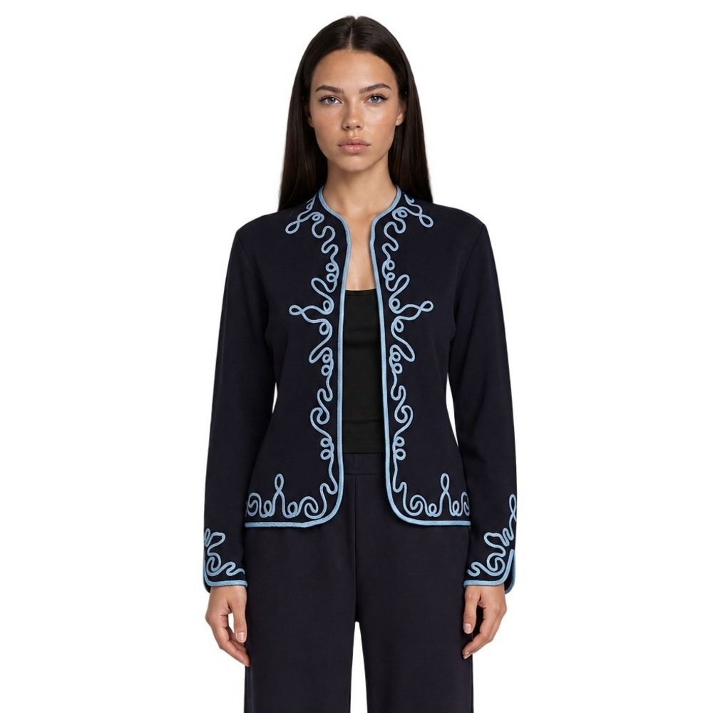 Ming Wang Jacket Women's Size Medium Black Blue Soutache Knit OpenFront Cardigan